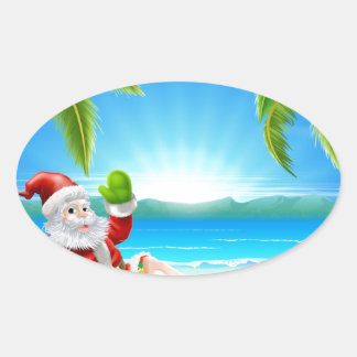 Pegatina Ovalada Escena de Santa Beach para Navidades de verano