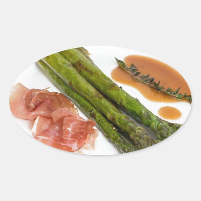 Pegatina Ovalada Espárragos verdes con jamón y salsa (Anverso)