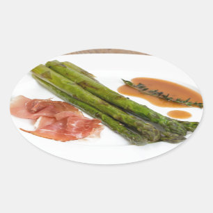 Pegatina Ovalada Espárragos verdes con jamón y salsa