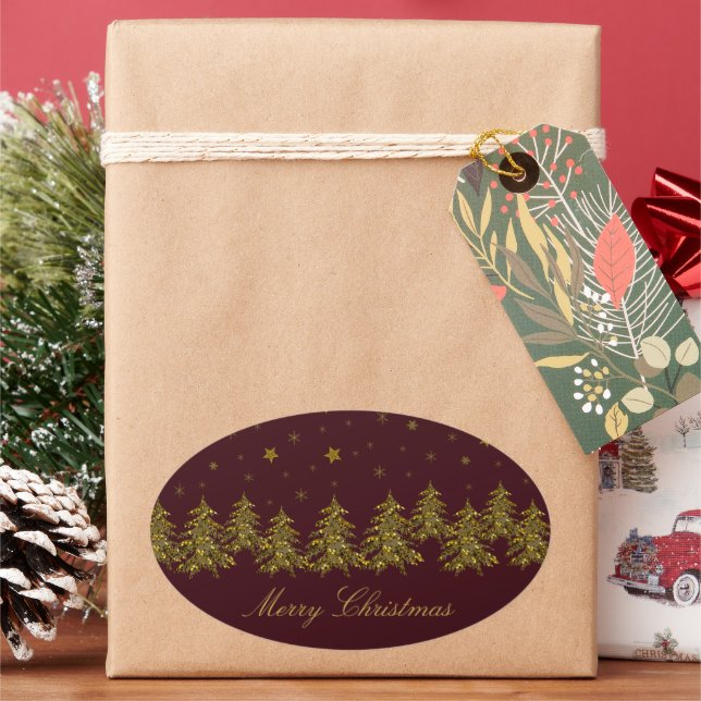 Pegatina Ovalada Espeluznante árbol de Navidad dorado, luna, estrel (Vacaciones)