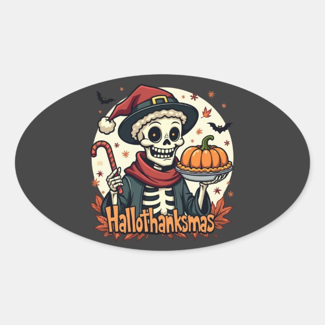 Pegatina Ovalada Esqueleto de Hallothanksmas (Anverso)