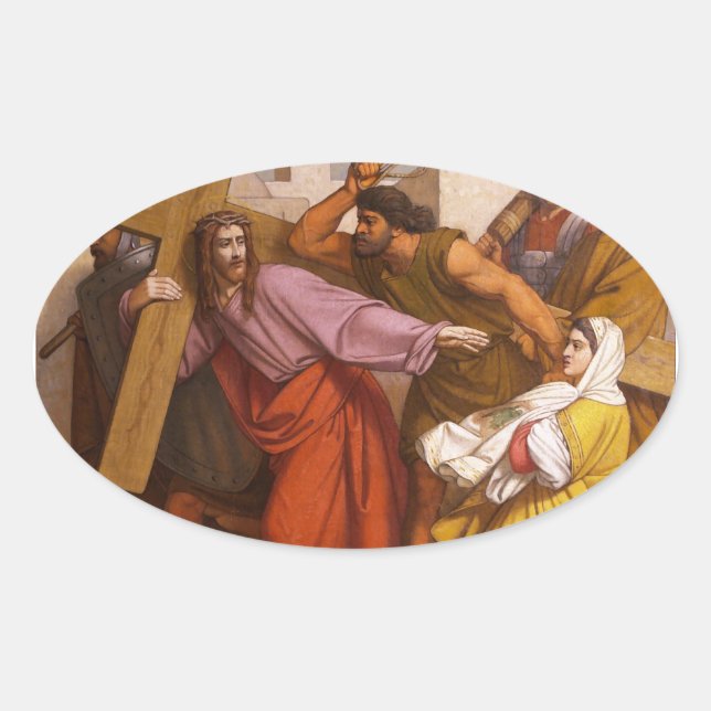 Pegatina Ovalada Estaciones de la Cruz 5 Simón lleva la Cruz (Anverso)