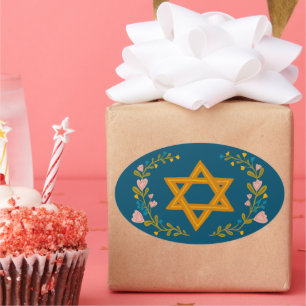 Pegatina Ovalada Estrella de David Floral Judío Personalizado a Man