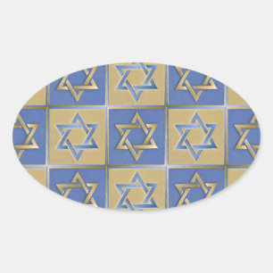 Pegatina Ovalada Estrella Judaica De David Metalizado Gold Blue