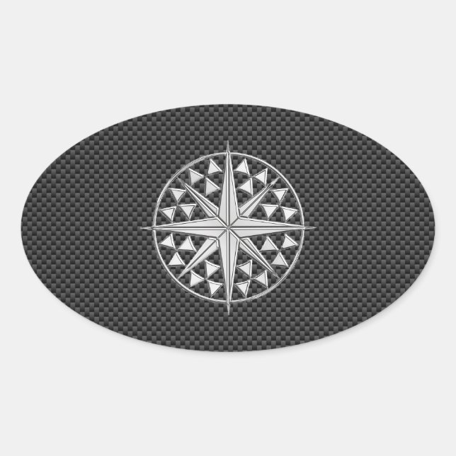 Pegatina Ovalada Estrella náutica cromada sobre la fibra de carbono (Anverso)