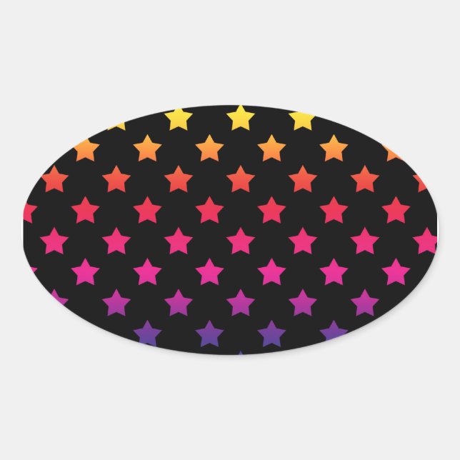 Pegatina Ovalada Estrellas arcoiris sobre patrón de fondo negro (Anverso)