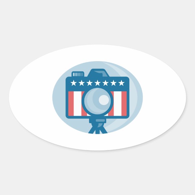 Pegatina Ovalada Estrellas de cámara DSLR y bandera de tiras estado (Anverso)