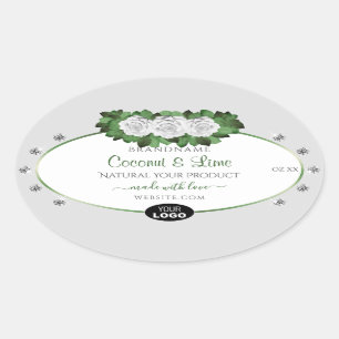 Pegatina Ovalada Etiquetas de productos grises Green White Roses Je
