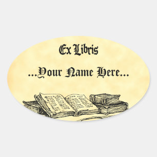 Pegatina Ovalada Ex Libris Vintage Books Personalizado Bookplate