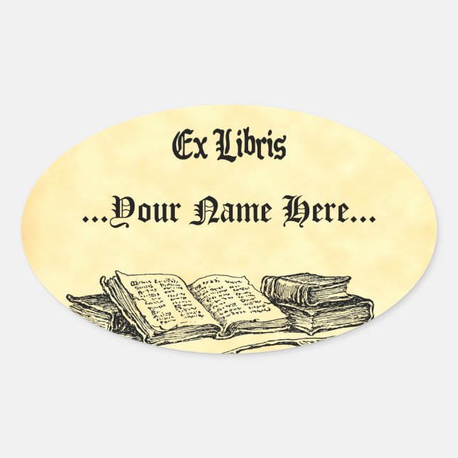 Pegatina Ovalada Ex Libris Vintage Books Personalizado Bookplate (Anverso)