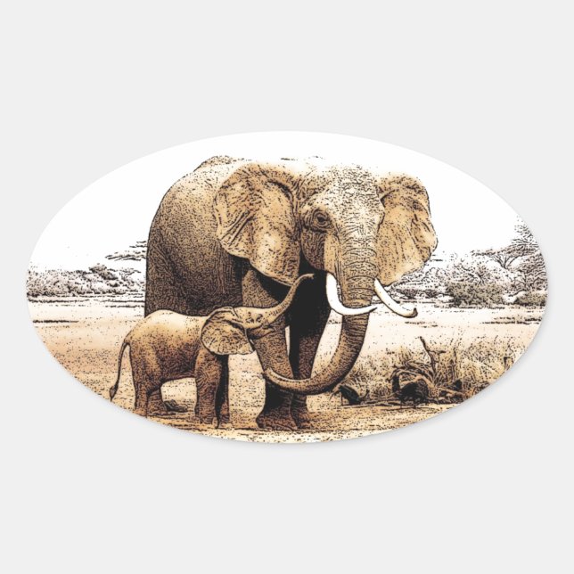 Pegatina Ovalada Familia Elephant (Anverso)