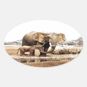 Pegatina Ovalada Familia Elephant