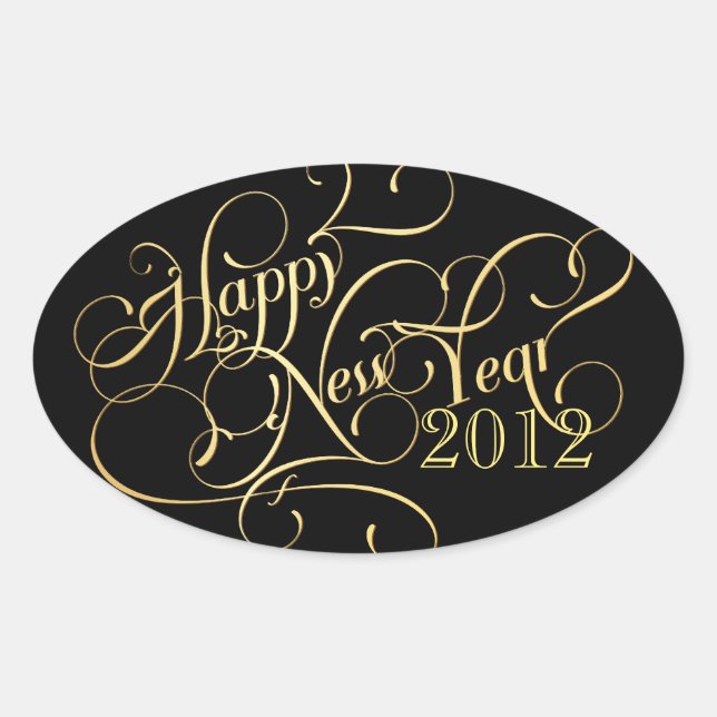 Pegatina Ovalada Fancy Happy New Year Pegatinas - Oval (Anverso)