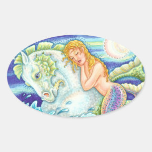 PEGATINA OVALADA FANTASÍA DE SAILOR MERMAID RIDING MERHORSE