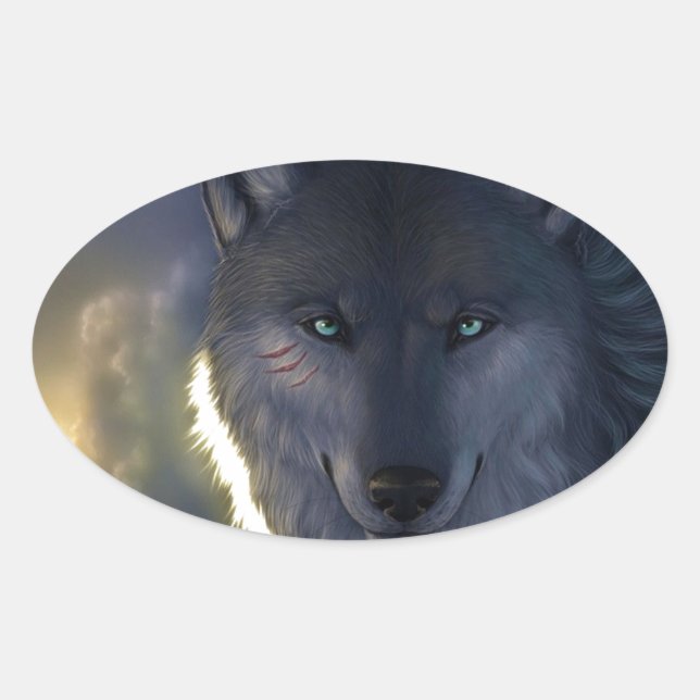 Pegatina Ovalada Fantasy Wolf (Anverso)