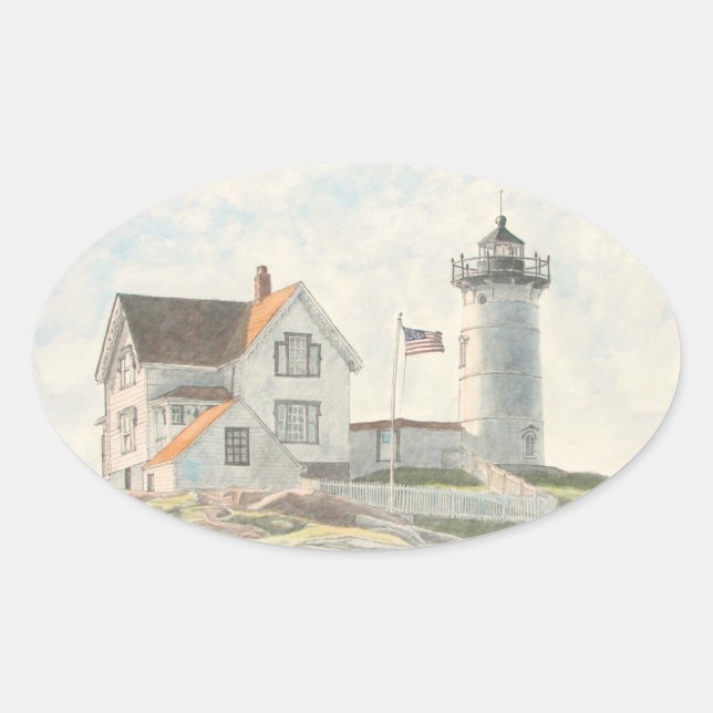 Pegatina Ovalada Faro de Cape Neddick Acuarela (Anverso)