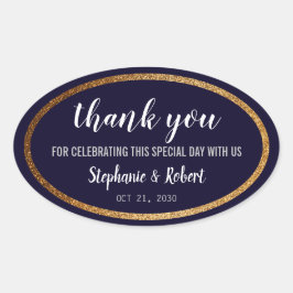 Pegatina Ovalada Faux Gold Navy Blue Modern Elegant Wedding