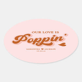 Pegatina Ovalada Favor de Boho Popcorn Retro Rojo Rosa 70