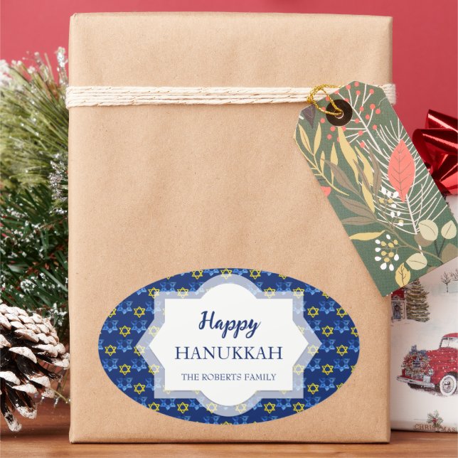 Pegatina Ovalada Felices Estrellas Acuáticas De Hanukkah (Vacaciones)