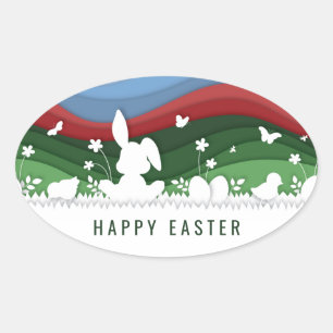 Pegatina Ovalada Felices pollitas de conejito de Pascua y huevos en