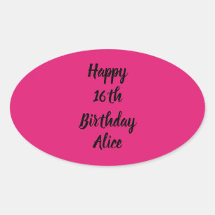 Pegatina Ovalada Feliz 16º cumpleaños Pink Black Custom Name Girly