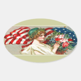 Pegatina Ovalada Feliz 4 de julio. Diseño patriótico vintage
