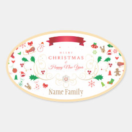 Pegatina Ovalada Feliz Año Nuevo y Navidades de vacaciones de invie