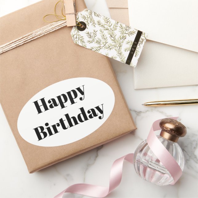 Pegatina Ovalada Feliz Cumpleaños Blanco Negro Minimalista Moderno  (Regalar)