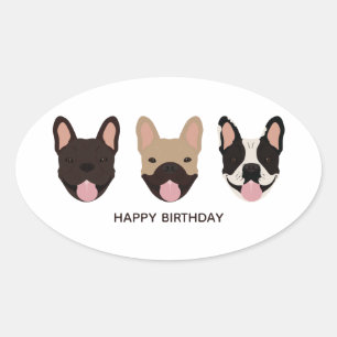 Pegatina Ovalada Feliz cumpleaños, Bulldoges franceses sonriendo
