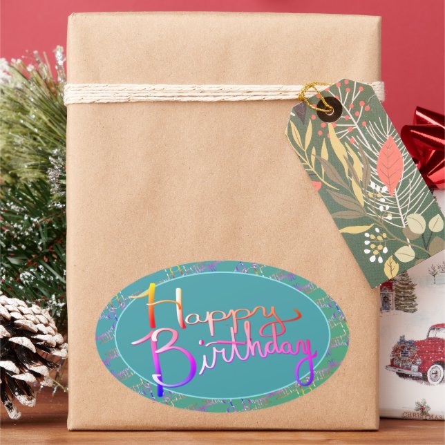 Pegatina Ovalada "¡Feliz cumpleaños!" Gradiente manuscrito arcoiris (Vacaciones)