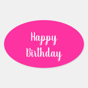 Pegatina Ovalada Feliz Cumpleaños Simple Rosa Fucsia