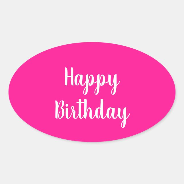 Pegatina Ovalada Feliz Cumpleaños Simple Rosa Fucsia (Anverso)