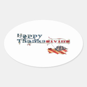 Pegatina Ovalada Feliz día de gracias (bandera de otoño)