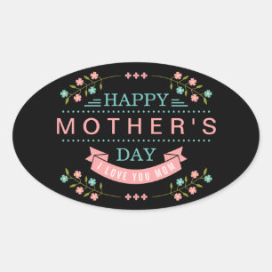 Pegatina Ovalada Feliz Día de la Madre - Floral rosa crema Verde az
