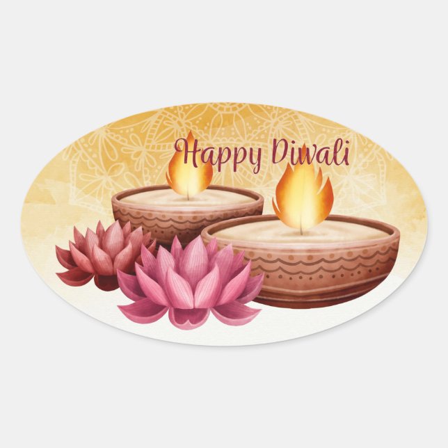 Pegatina Ovalada Feliz Diwali  (Anverso)