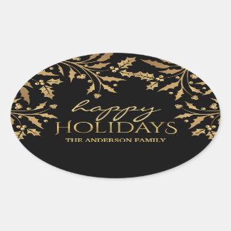Pegatina Ovalada Feliz feriado Navidades Relieve metalizado Gold Ho