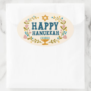 Pegatina Ovalada FELIZ HABITACIÓN DE HANUKKAH floral Festividad jud