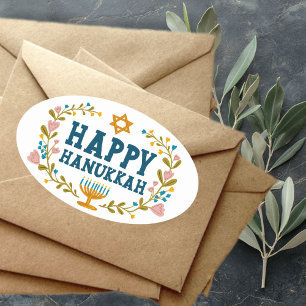 Pegatina Ovalada FELIZ HABITACIÓN DE HANUKKAH floral Festividad jud