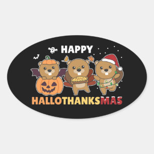 Pegatina Ovalada Feliz Hallothanksmas Navidades castores Clase de c