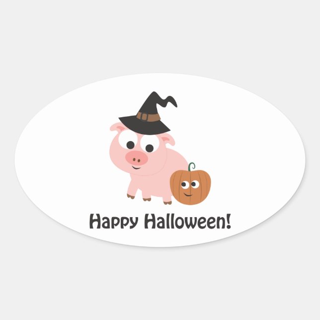Pegatina Ovalada ¡Feliz Halloween! Cerdo de bruja (Anverso)
