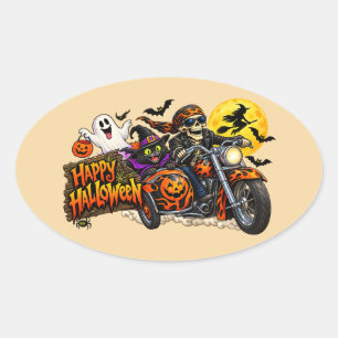 Pegatina Ovalada Feliz Halloween Motocicleta Esqueleto Motociclista