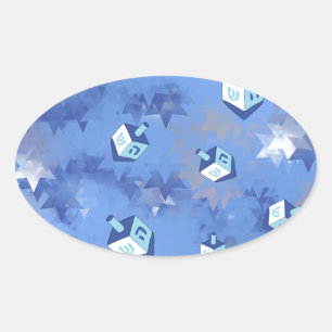 Pegatina Ovalada Feliz Janucá Estrellas Fugaces y Dreidels