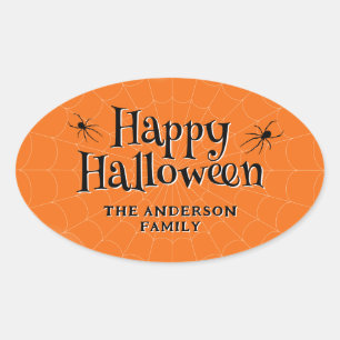 Pegatina Ovalada Feliz Naranja de Halloween Spider Cobweb