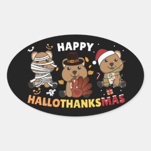 Pegatina Ovalada Feliz Navidad a los Navidades de Hallothanksmas Qu