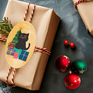 Pegatina Ovalada Feliz Navidad Arena Gato Negro Lindo Árbol de Navi