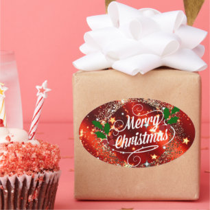 Pegatina Ovalada Feliz Navidad, deslumbrante diseño rojo y dorado