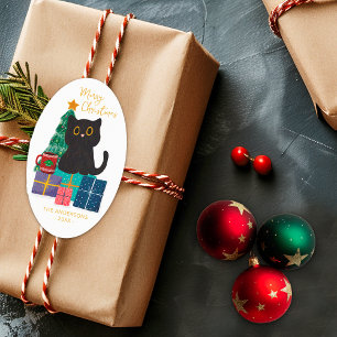 Pegatina Ovalada Feliz Navidad Gato Negro Árbol de Navidad Lindo