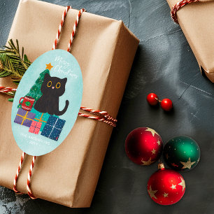 Pegatina Ovalada Feliz Navidad Gato Negro Lindo Árbol de Navidad