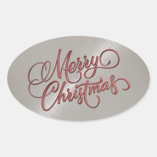 Pegatina Ovalada Feliz Navidad Grabado en relieve rojo y gris aspec