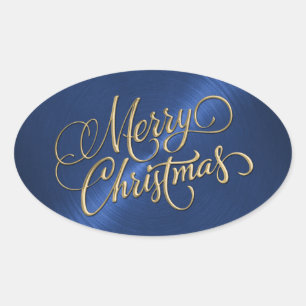 Pegatina Ovalada Feliz Navidad Oro y azul Grabado en relieve look